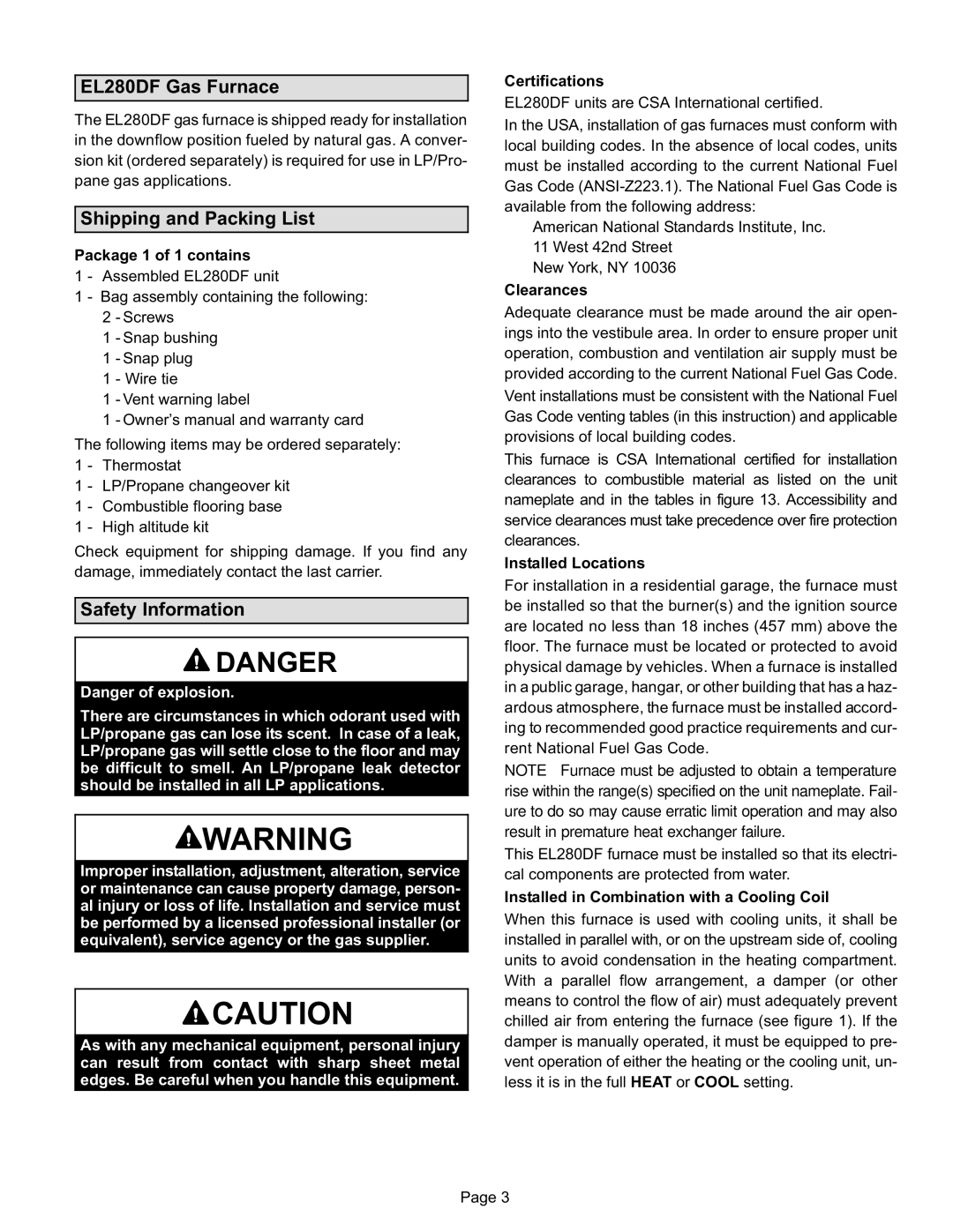 Lennox International Inc installation instructions EL280DF Gas Furnace, Shipping and Packing List, Safety Information 