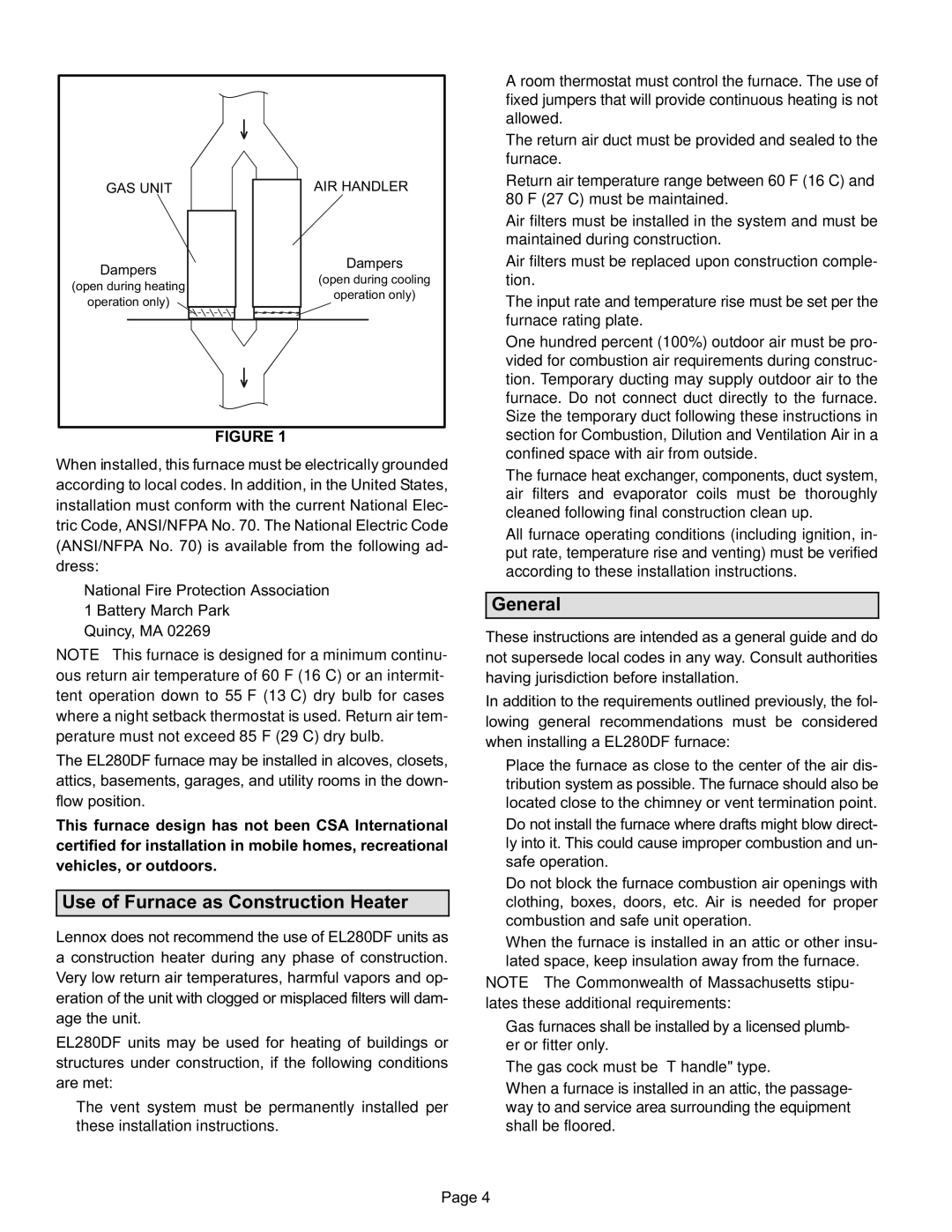 Lennox International Inc EL280DF installation instructions Use of Furnace as Construction Heater, General 