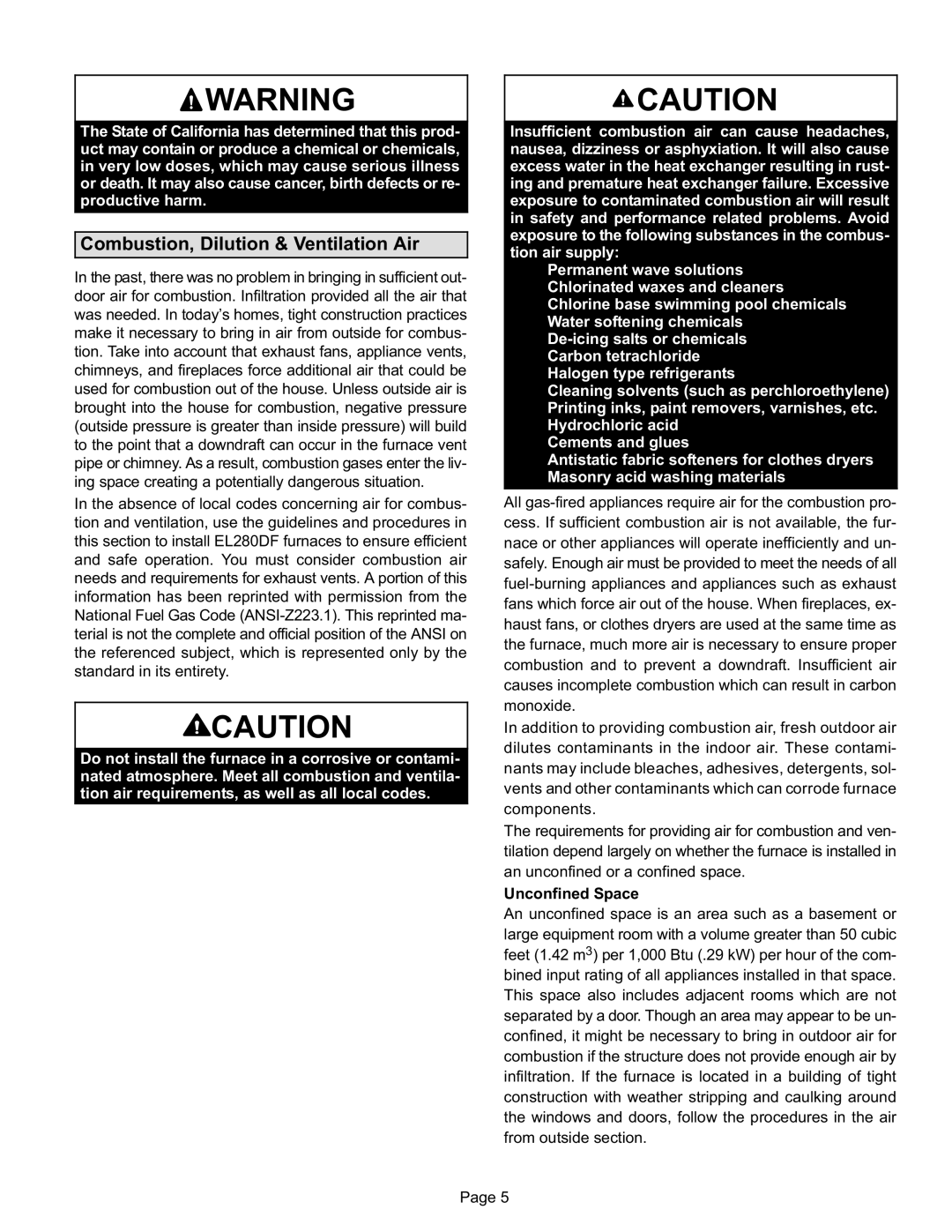 Lennox International Inc EL280DF installation instructions Combustion, Dilution & Ventilation Air 