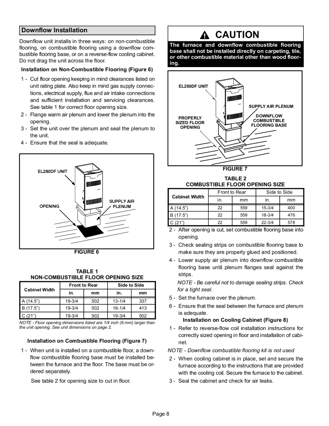 Lennox International Inc EL280DF Downflow Installation, NON−COMBUSTIBLE Floor Opening Size, Combustible Floor Opening Size 