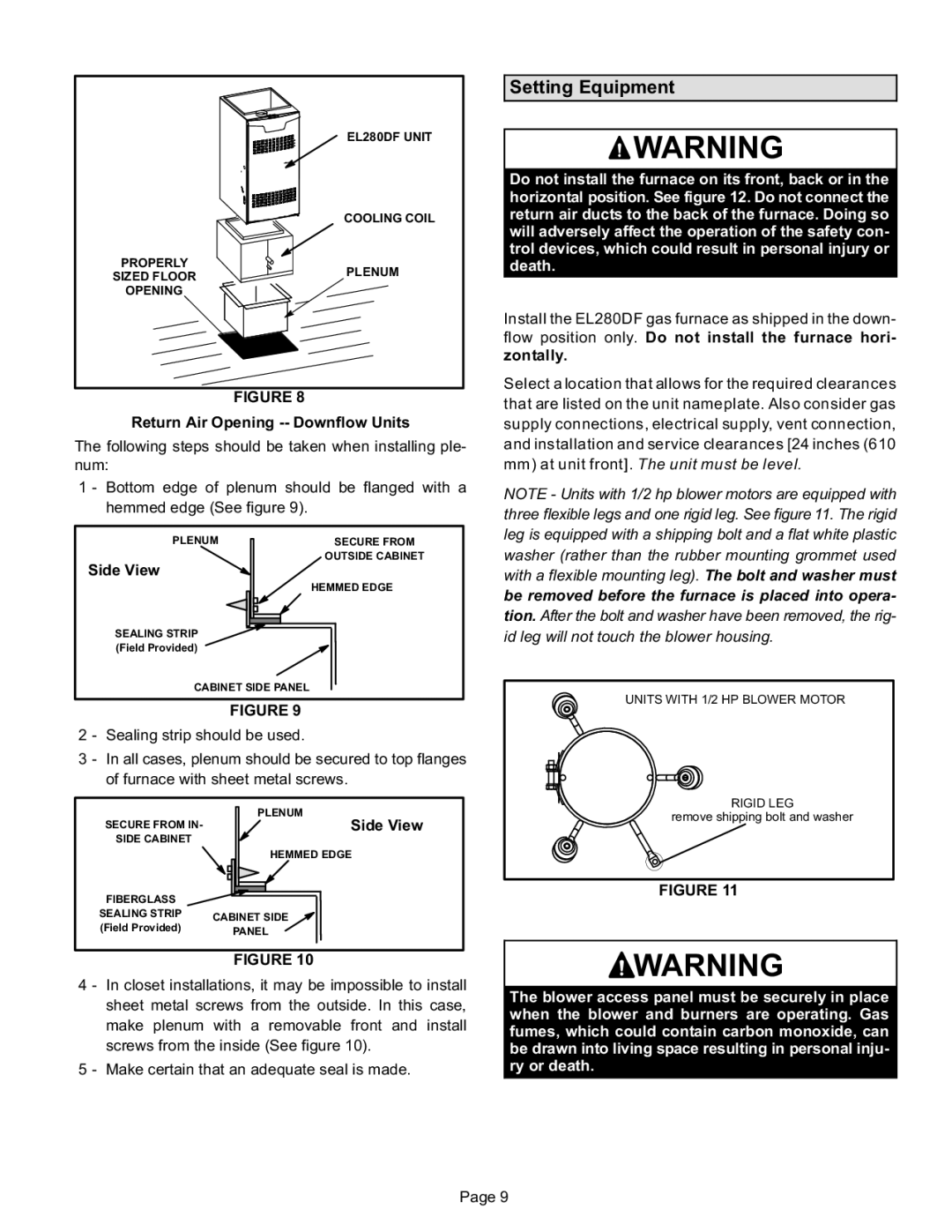 Lennox International Inc EL280DF installation instructions Setting Equipment 