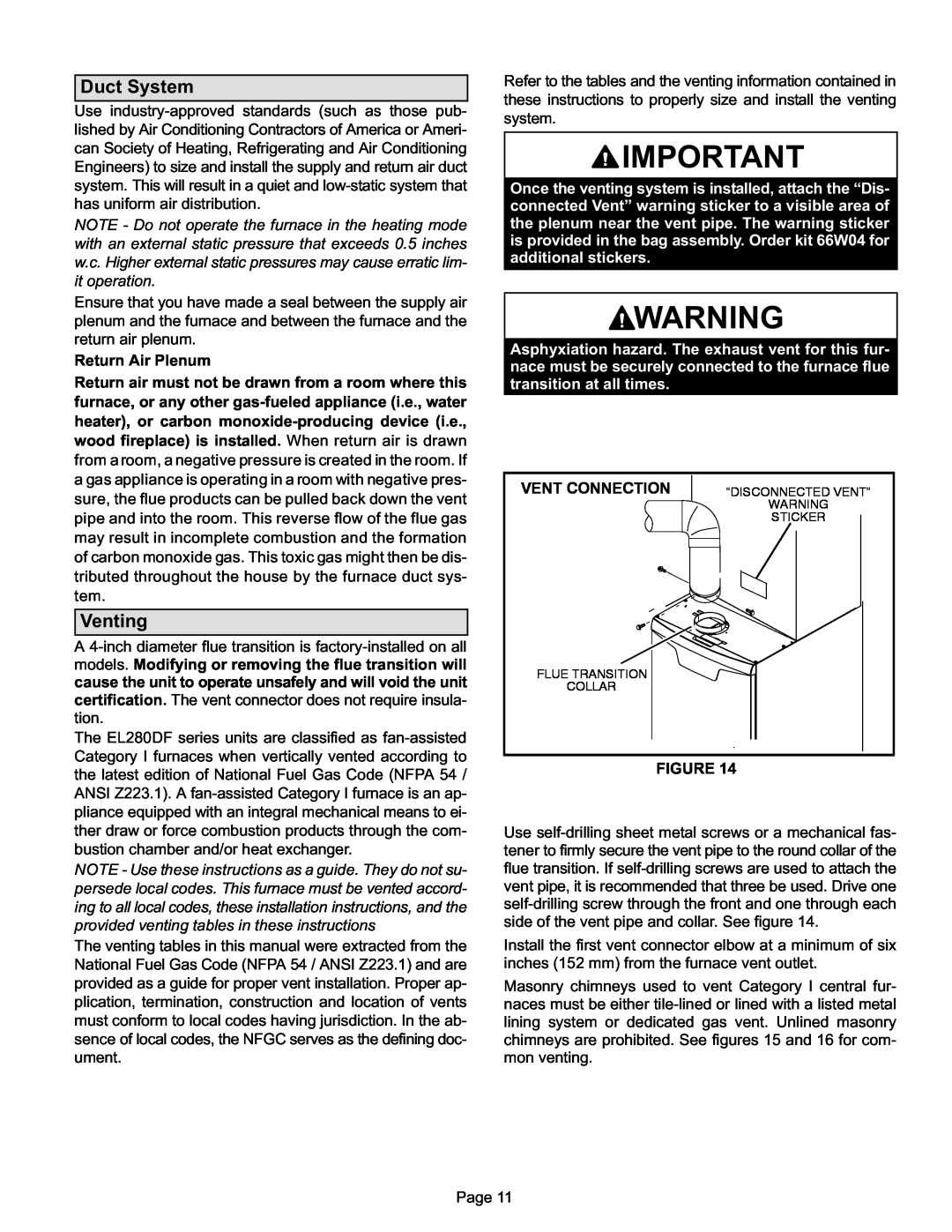 Lennox International Inc EL280DF installation instructions Duct System, Venting, Vent Connection 