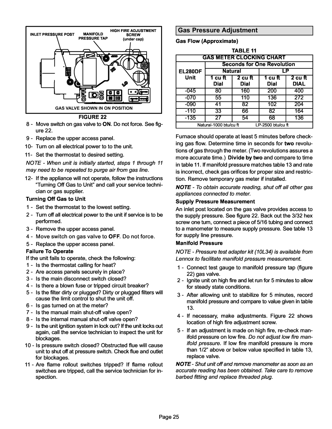 Lennox International Inc EL280DF installation instructions Gas Pressure Adjustment 