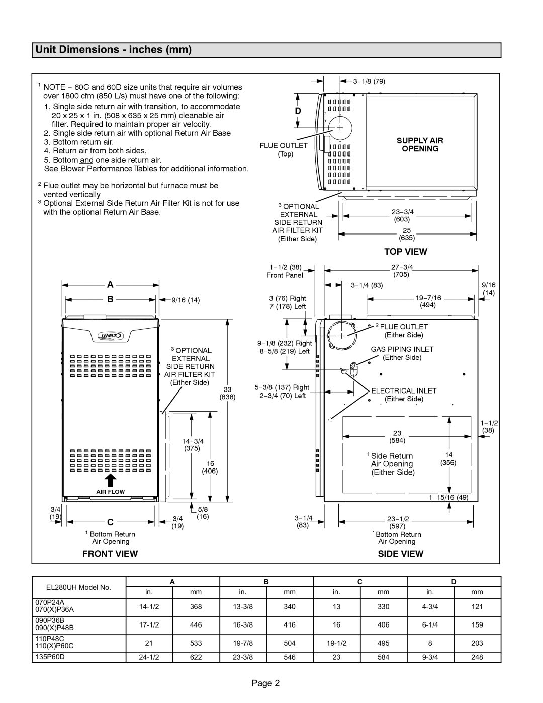 Lennox International Inc EL280UH installation instructions Unit Dimensions − inches mm, Supply AIR Opening 