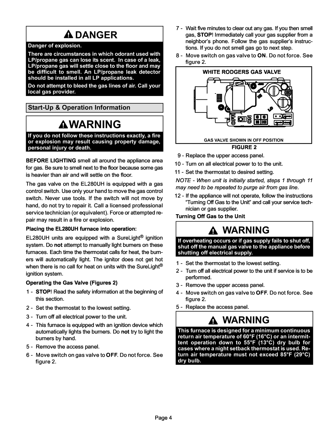Lennox International Inc EL280UH manual Danger, Start−Up & Operation Information 