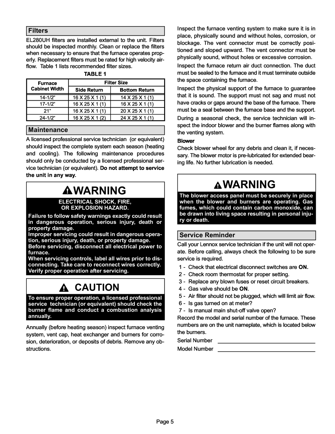 Lennox International Inc EL280UH manual Filters, Maintenance, Service Reminder 