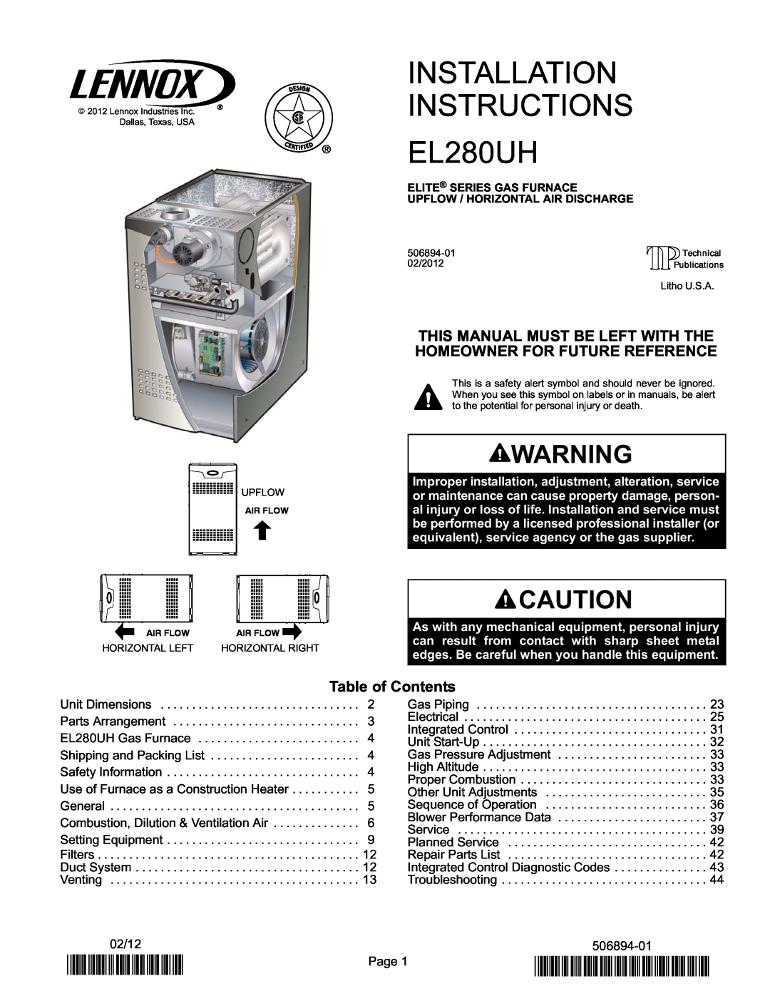 Lennox International Inc manual Gas Furnace, EL280UH SERIES, 2P0112, P506895-01, Fire Or Explosion Hazard 