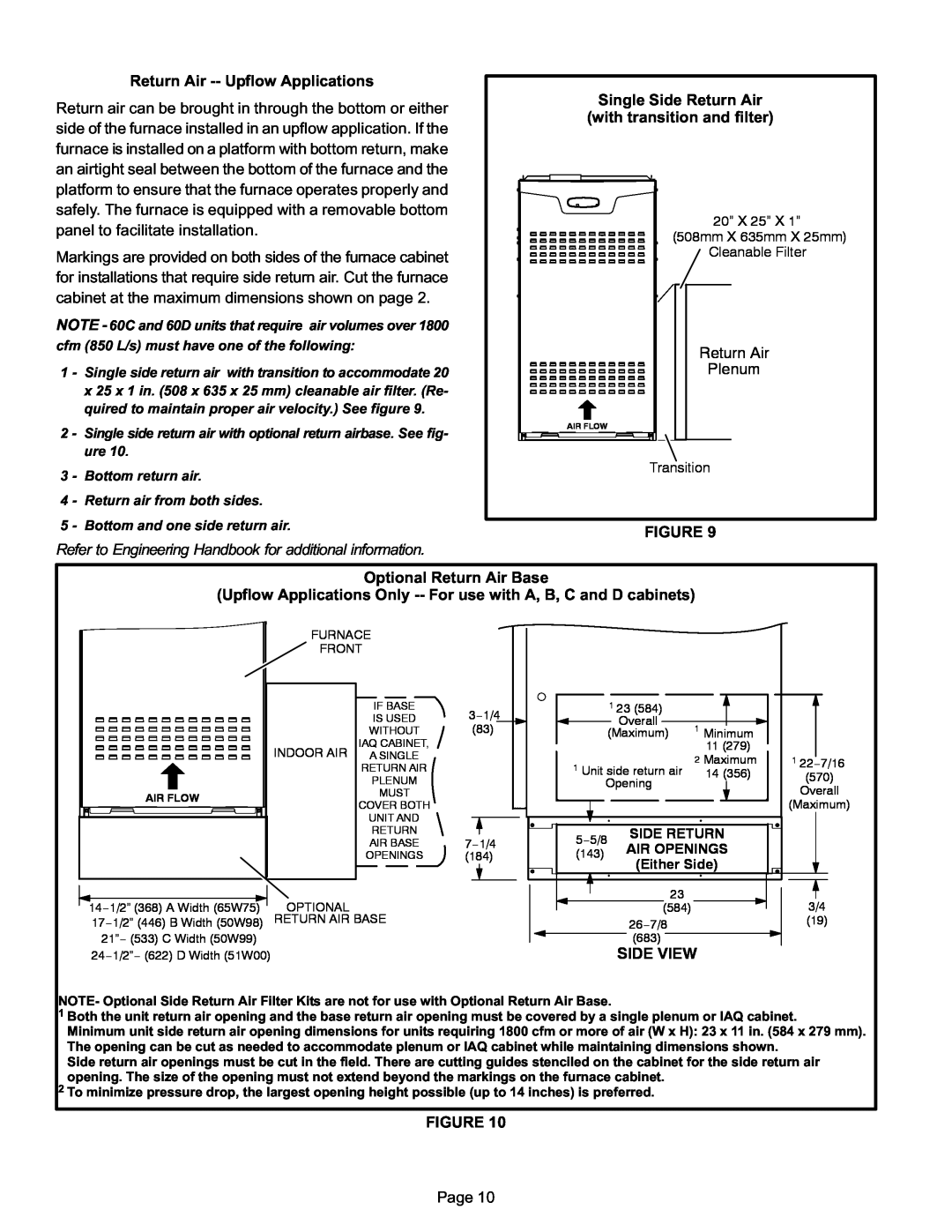 Lennox International Inc EL280UH installation instructions Return Air −− Upflow Applications, Side View 