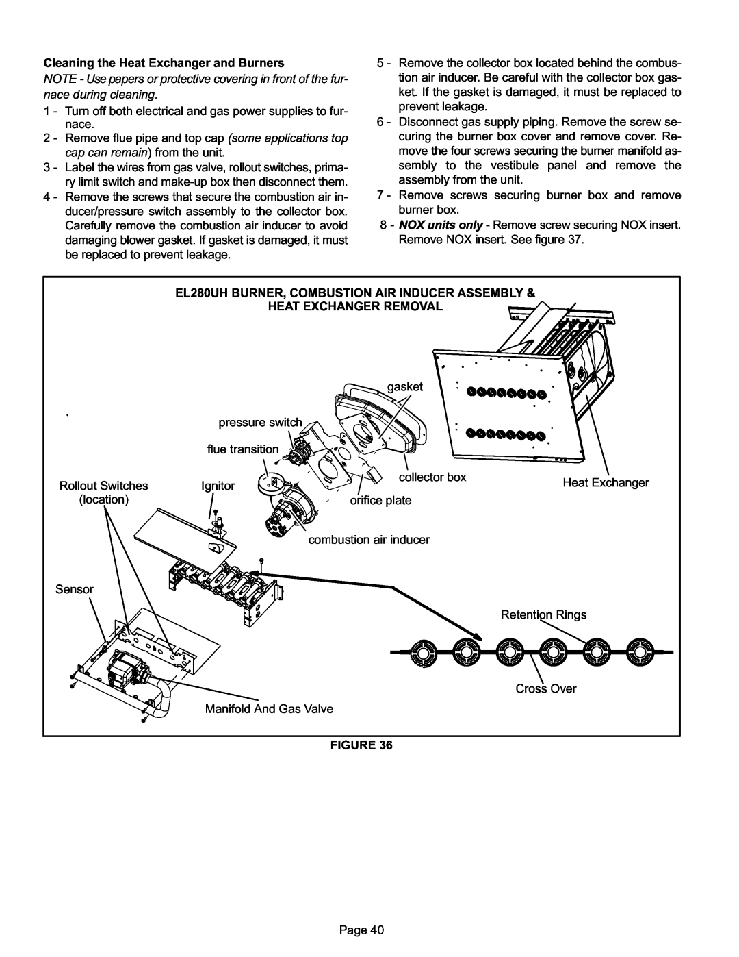 Lennox International Inc EL280UH installation instructions Cleaning the Heat Exchanger and Burners 