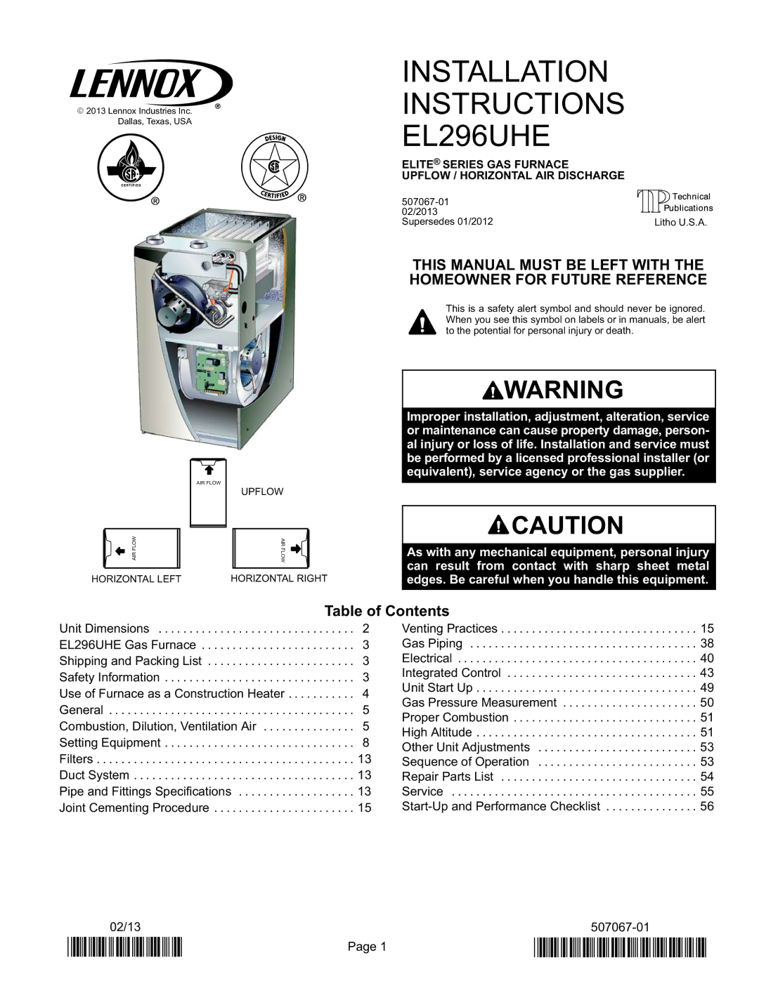 Lennox International Inc Elite Series Gas Furnace installation instructions Installation Instructions EL296UHE 