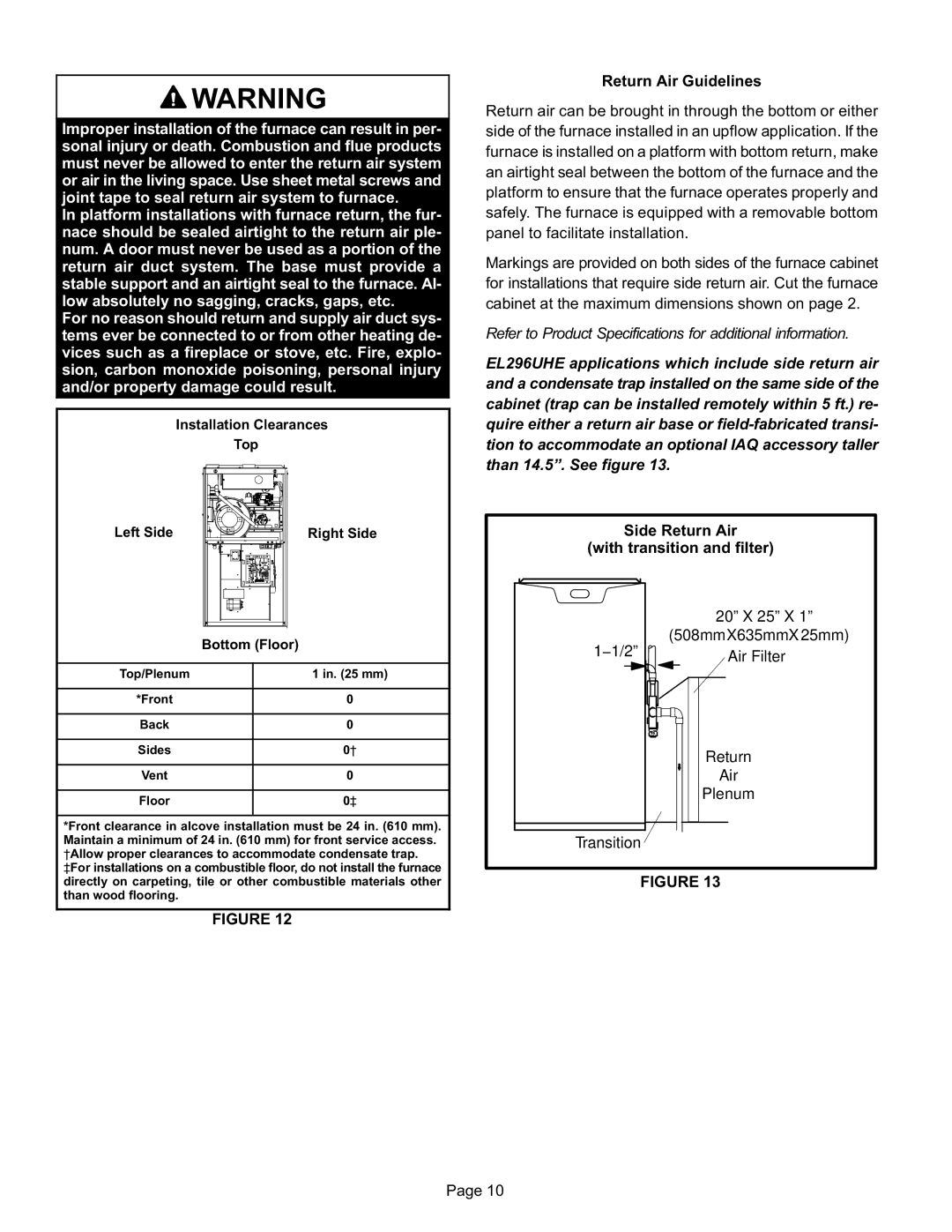 Lennox International Inc EL296UHE Return Air Guidelines, Side Return Air With transition and filter 