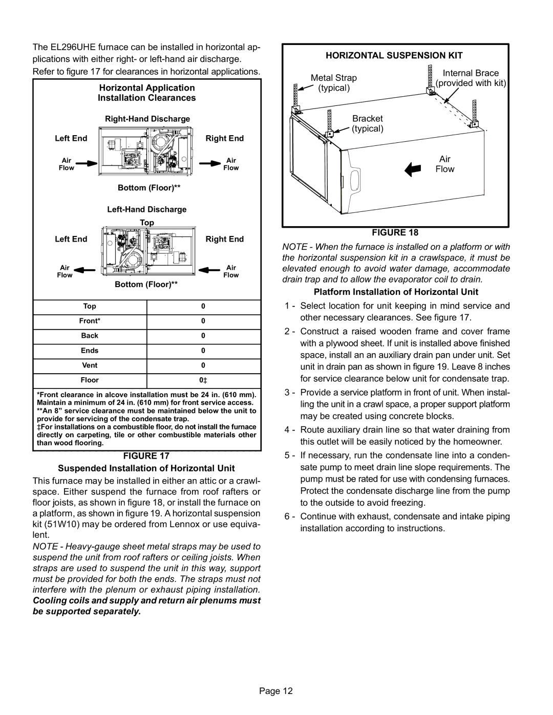 Lennox International Inc EL296UHE Horizontal Application Installation Clearances, Horizontal Suspension KIT 