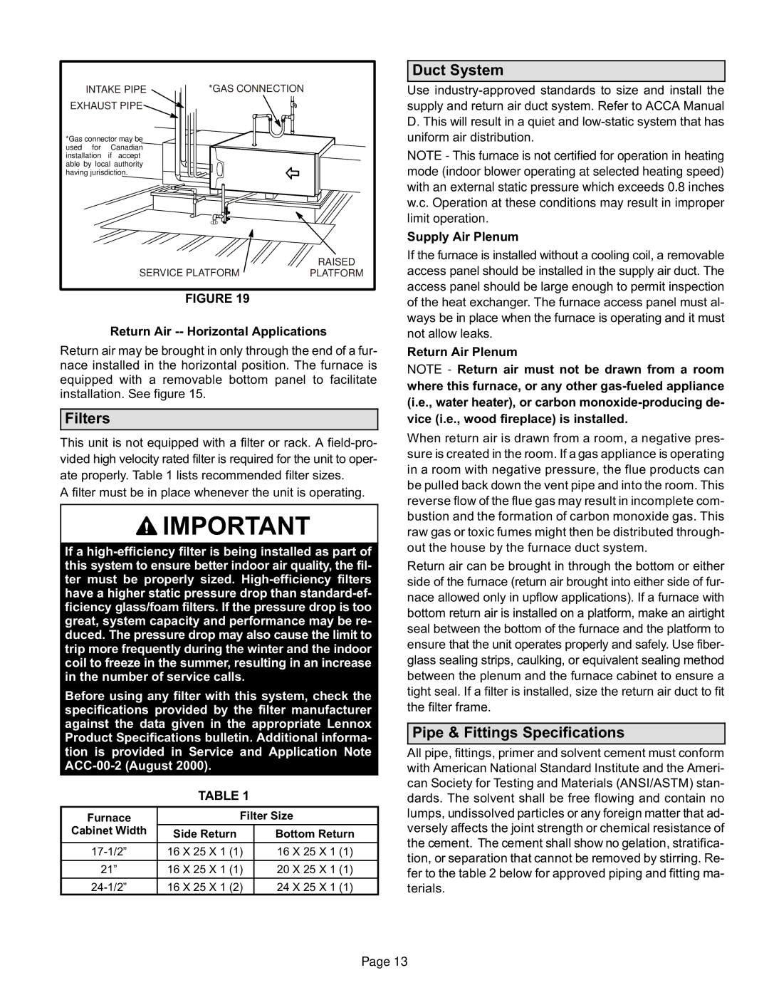 Lennox International Inc Elite Series Gas Furnace, EL296UHE Filters, Duct System, Pipe & Fittings Specifications 