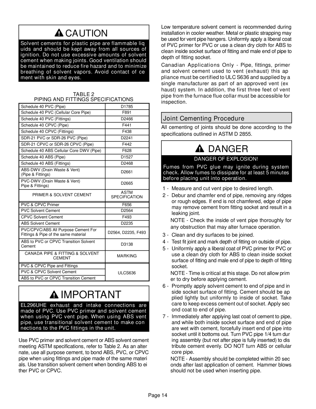 Lennox International Inc EL296UHE Joint Cementing Procedure, Piping and Fittings Specifications, Primer & Solvent Cement 