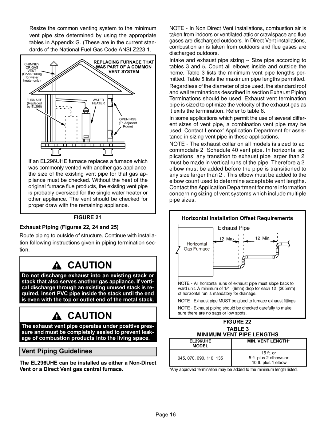 Lennox International Inc EL296UHE Vent Piping Guidelines, Exhaust Piping Figures 22, 24, Minimum Vent Pipe Lengths 