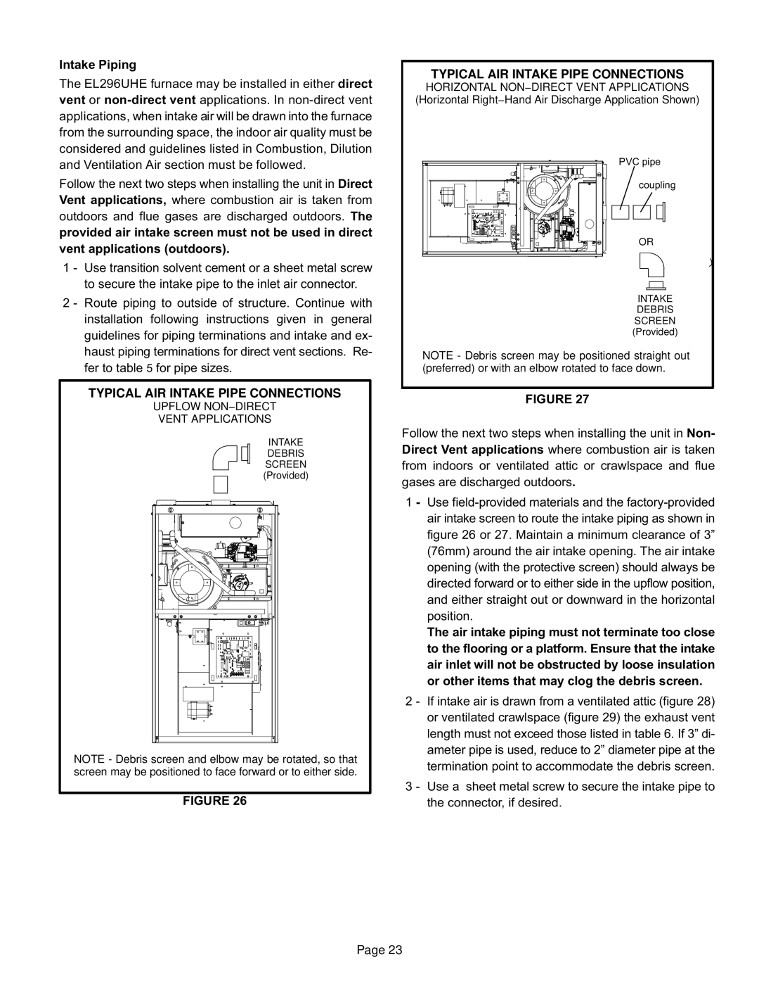 Lennox International Inc Elite Series Gas Furnace, EL296UHE installation instructions Intake Piping 