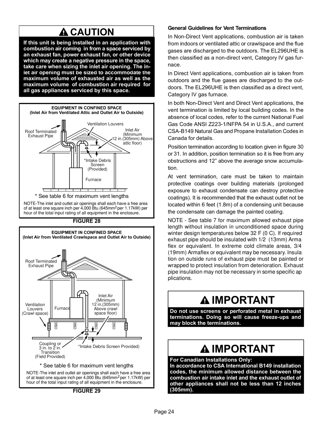 Lennox International Inc EL296UHE General Guidelines for Vent Terminations, Equipment in Confined Space 