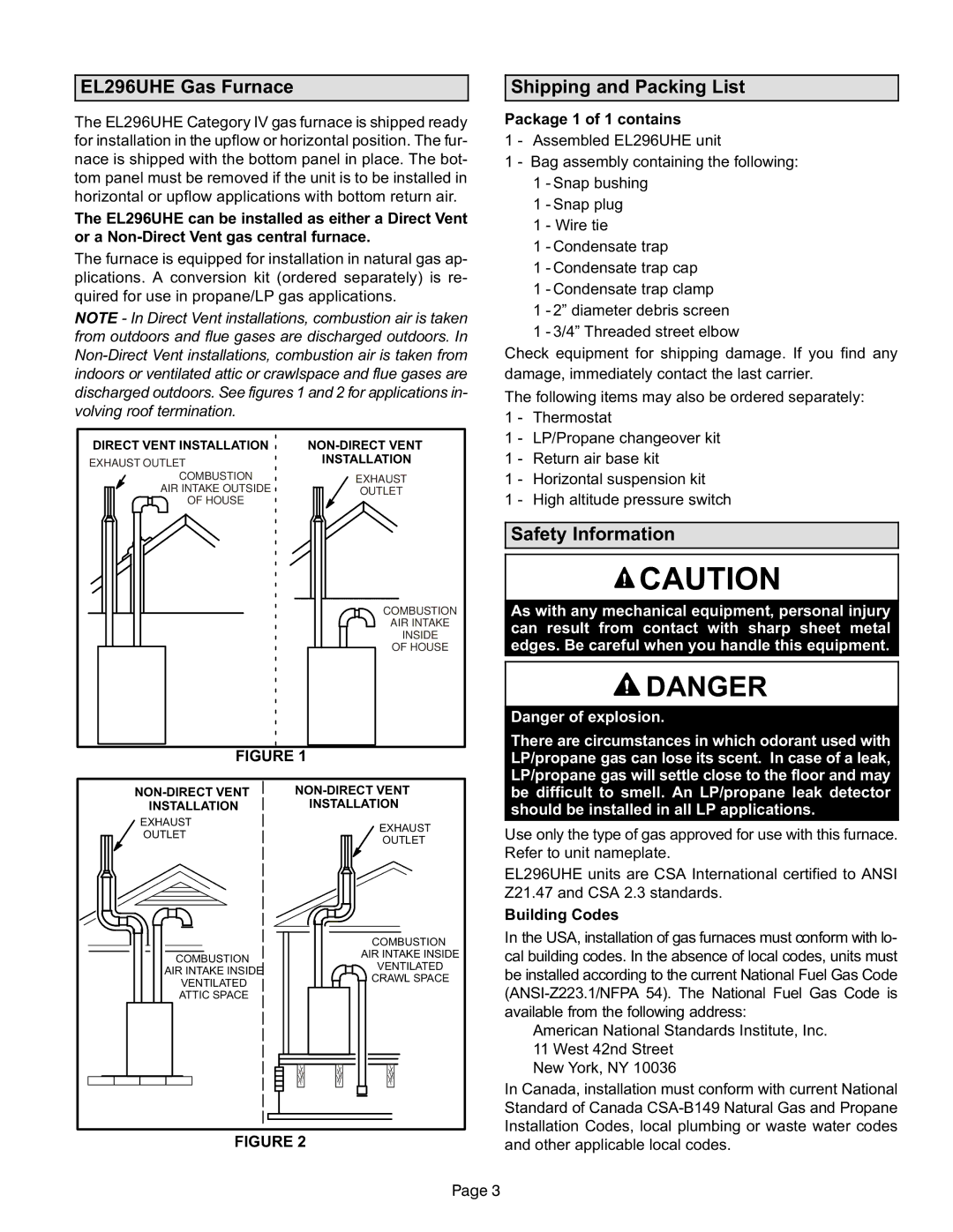 Lennox International Inc Elite Series Gas Furnace EL296UHE Gas Furnace, Shipping and Packing List, Safety Information 