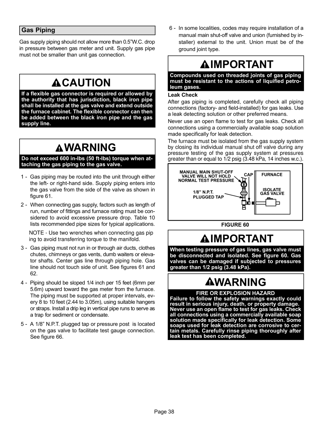 Lennox International Inc EL296UHE, Elite Series Gas Furnace installation instructions Gas Piping, Leak Check, Plugged TAP 