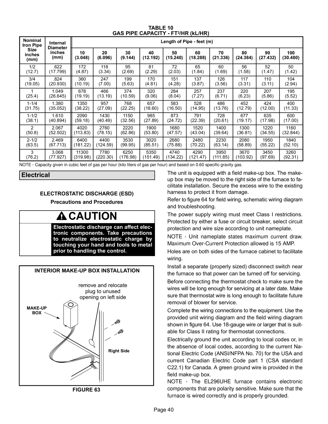 Lennox International Inc EL296UHE Electrical, GAS Pipe Capacity FT3/HR kL/HR, Electrostatic Discharge ESD 