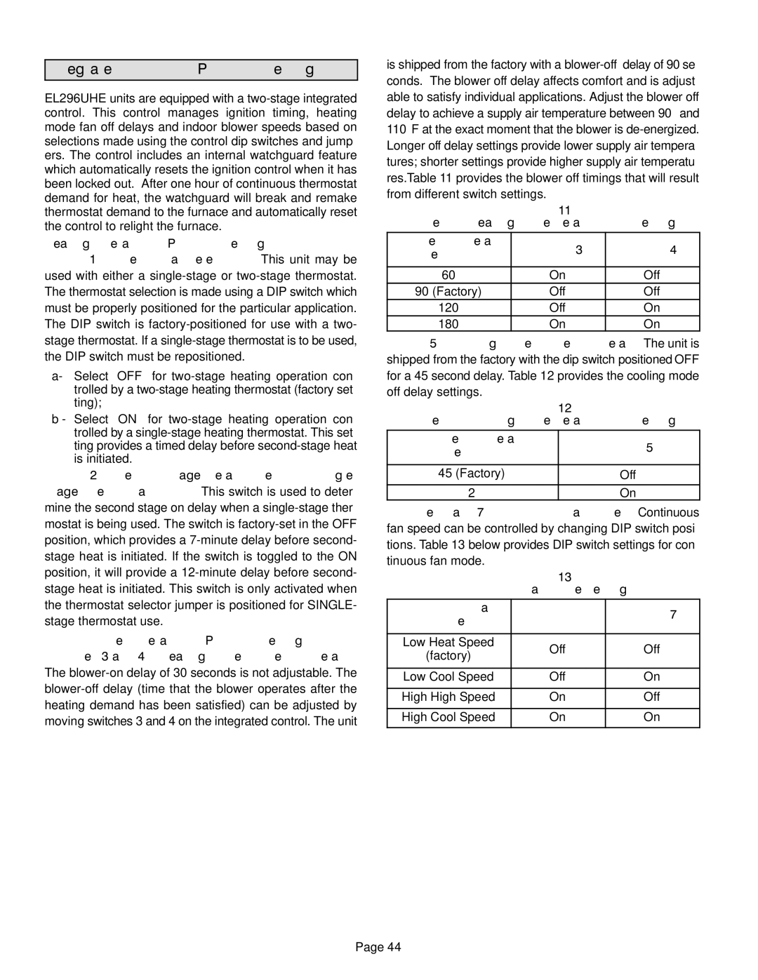 Lennox International Inc EL296UHE, Elite Series Gas Furnace installation instructions Integrated Control DIP Switch Settings 