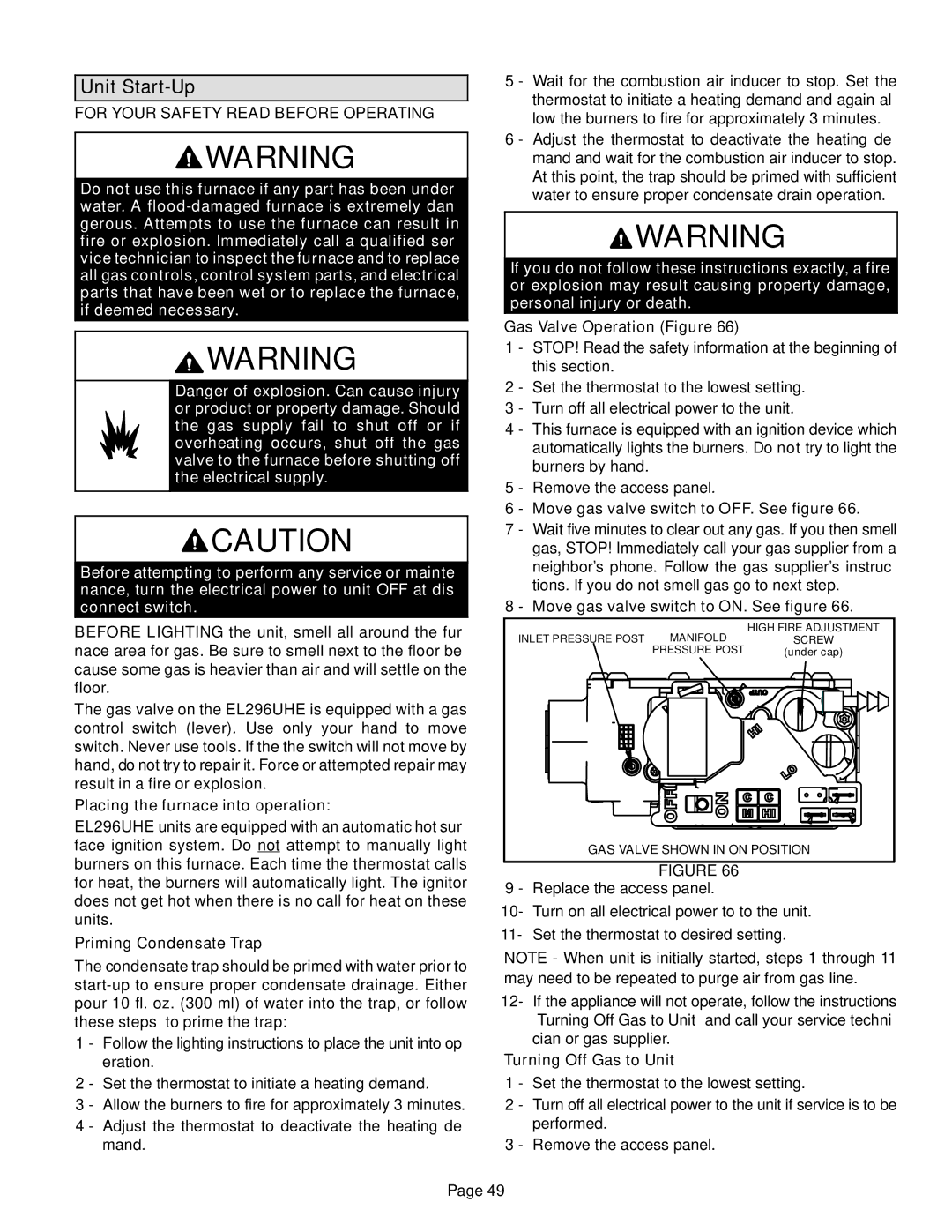 Lennox International Inc Elite Series Gas Furnace, EL296UHE Unit Start-Up, For Your Safety Read Before Operating 