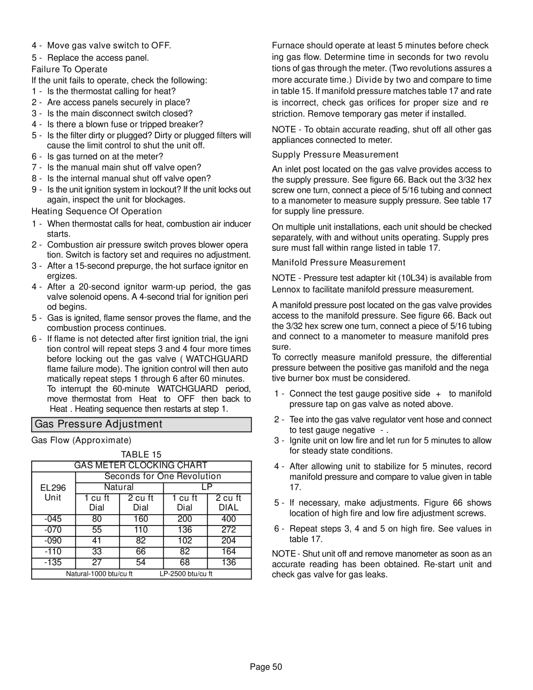 Lennox International Inc EL296UHE, Elite Series Gas Furnace Gas Pressure Adjustment, GAS Meter Clocking Chart, Dial 