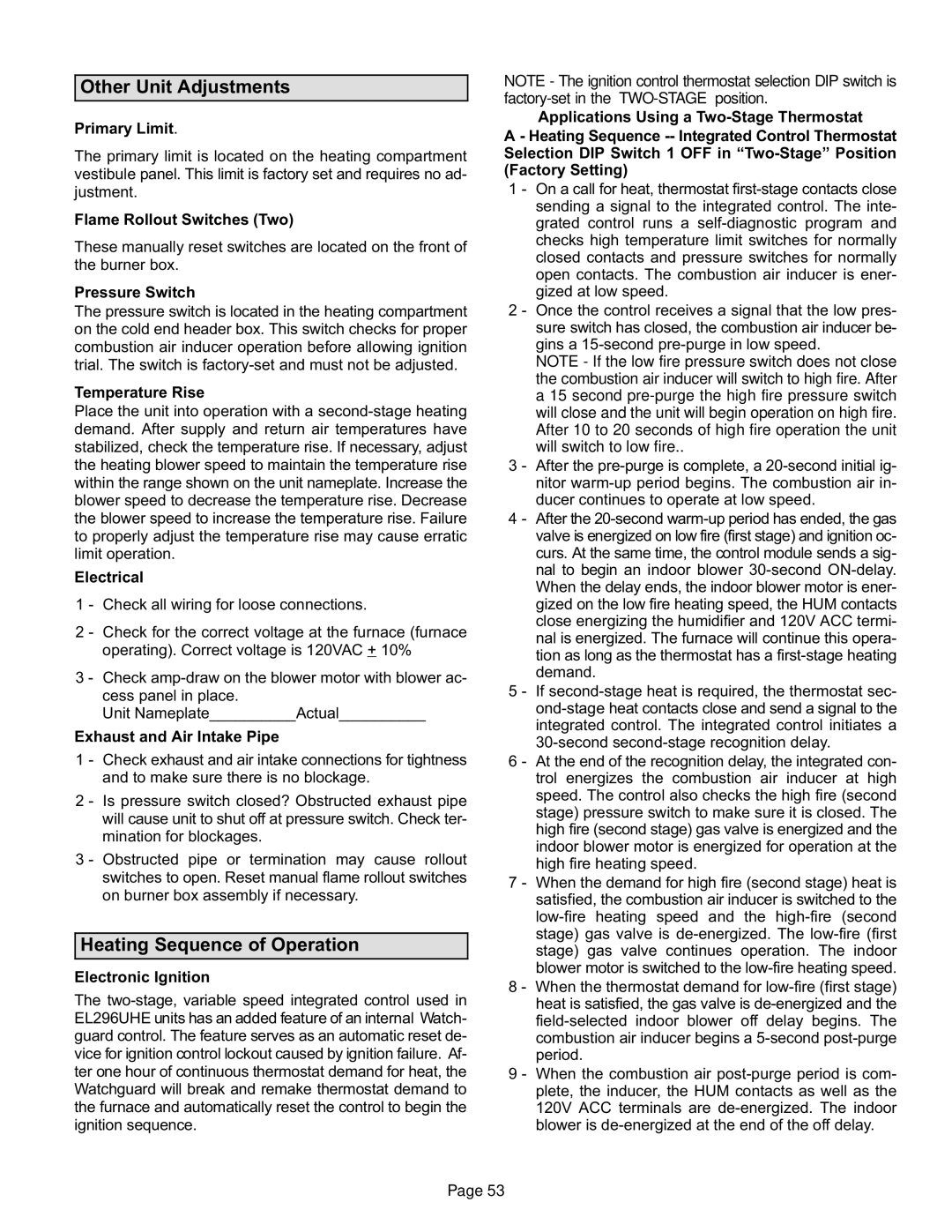 Lennox International Inc Elite Series Gas Furnace, EL296UHE Other Unit Adjustments, Heating Sequence of Operation 