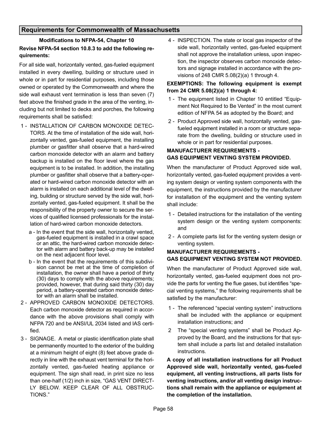 Lennox International Inc EL296UHE Requirements for Commonwealth of Massachusetts, Approved Carbon Monoxide Detectors 