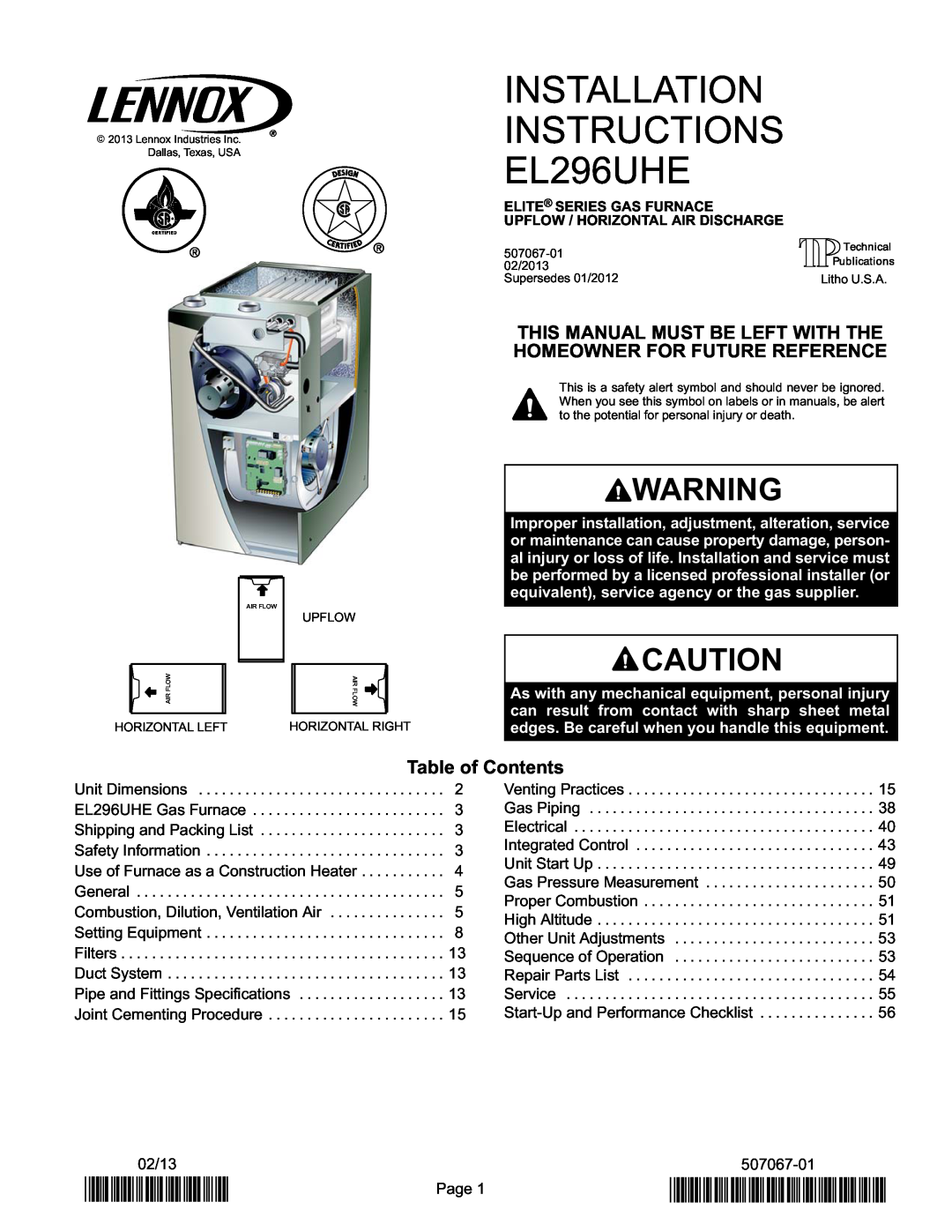 Lennox International Inc Elite Series Gas Furnace installation instructions Table of Contents, 2P0213, P507067-01 