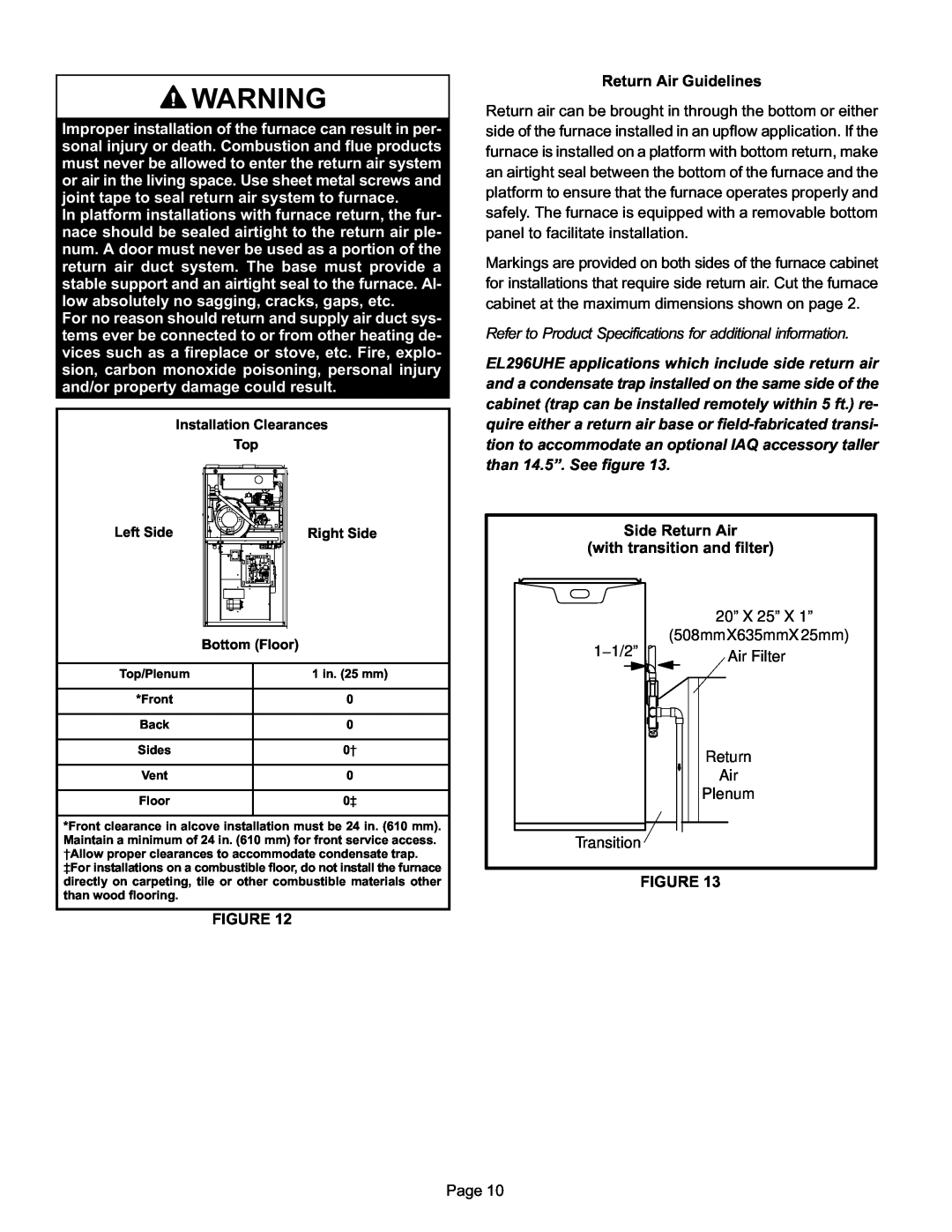 Lennox International Inc EL296UHE Return Air Guidelines, Side Return Air with transition and filter 