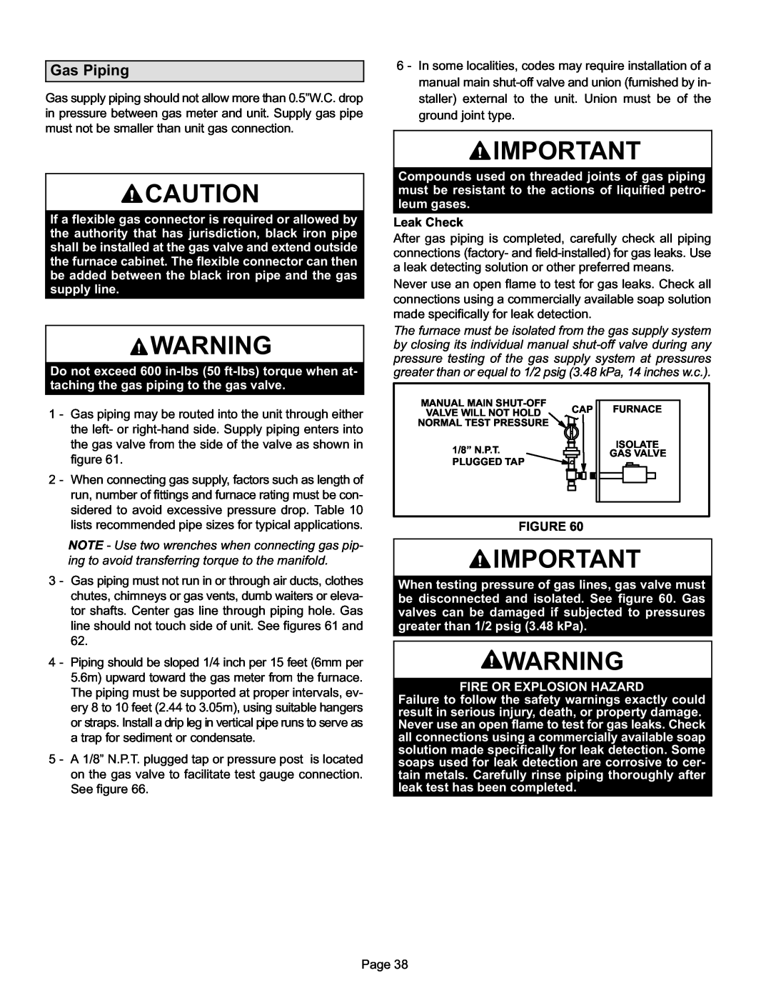 Lennox International Inc EL296UHE, Elite Series Gas Furnace installation instructions Gas Piping, Leak Check 