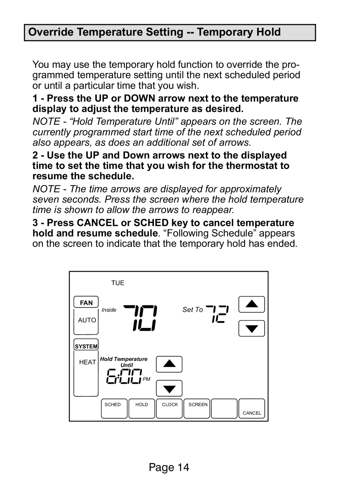 Lennox International Inc Ellite Series manual Override Temperature Setting −− Temporary Hold 