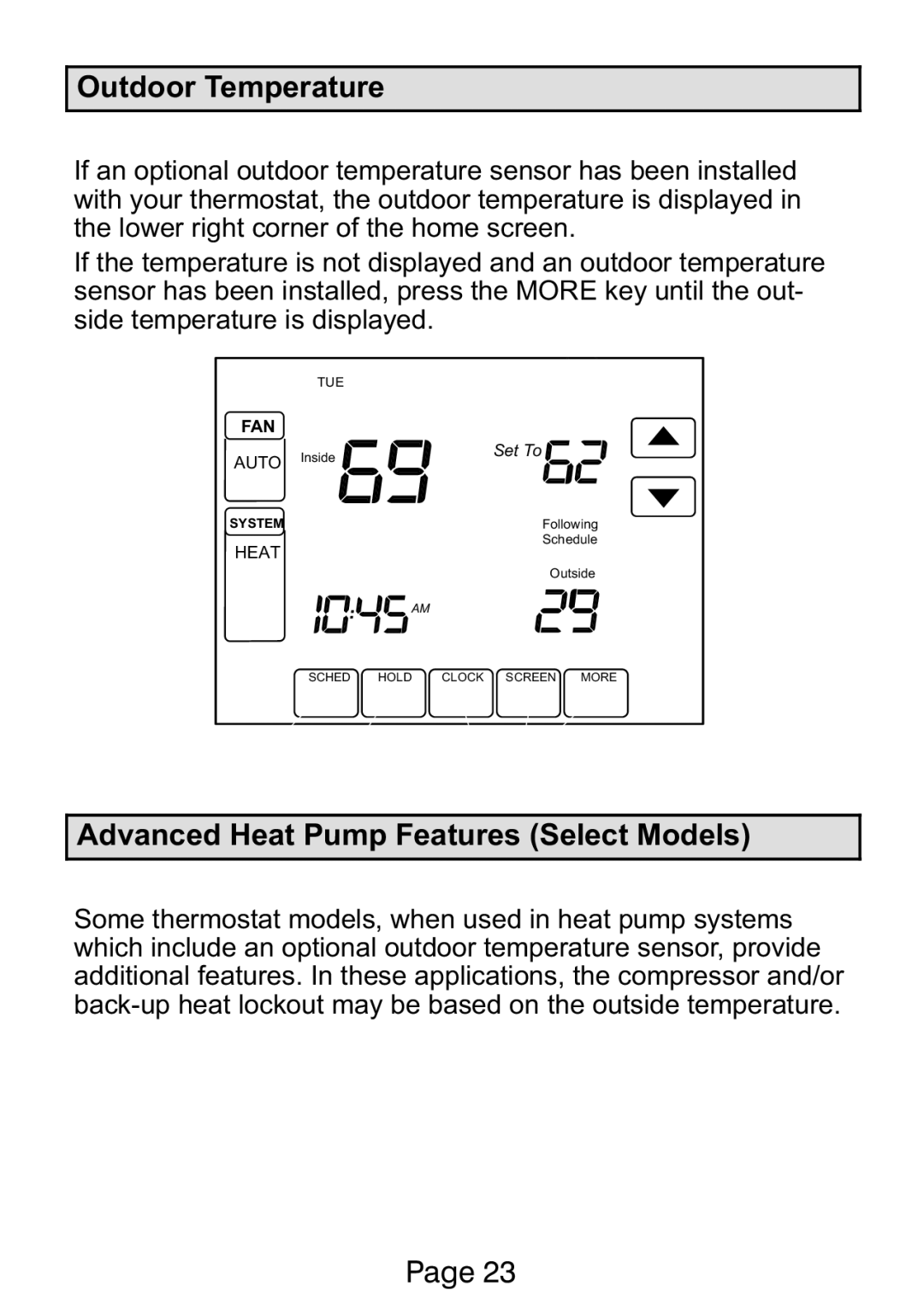 Lennox International Inc Ellite Series manual Outdoor Temperature, Advanced Heat Pump Features Select Models 