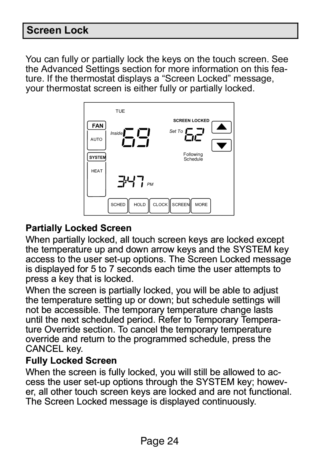 Lennox International Inc Ellite Series manual Screen Lock 