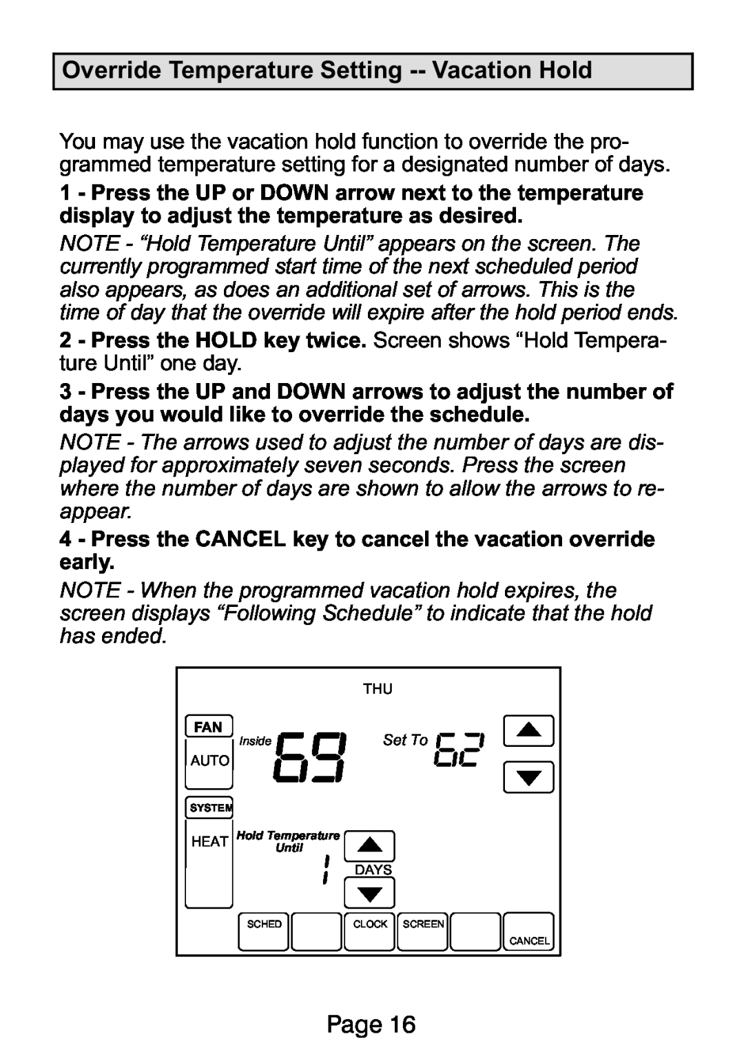 Lennox International Inc Ellite Series manual Override Temperature Setting −− Vacation Hold, Page 