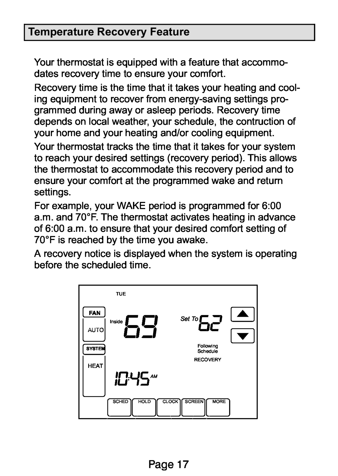 Lennox International Inc Ellite Series Temperature Recovery Feature, Page, Inside, Set To, Following, Schedule RECOVERY 