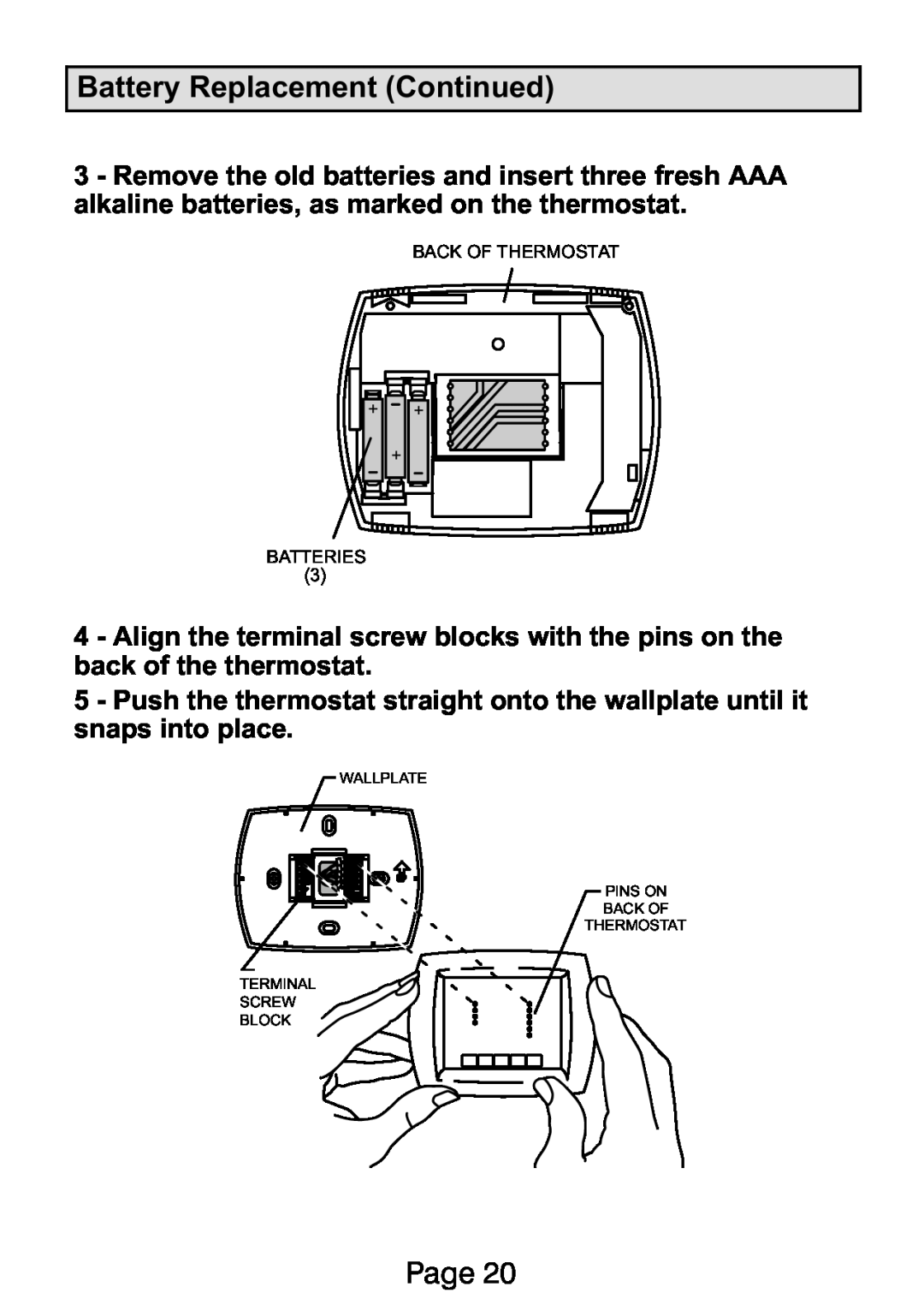 Lennox International Inc Ellite Series manual Battery Replacement Continued, Page, Back Of Thermostat, + Batteries 