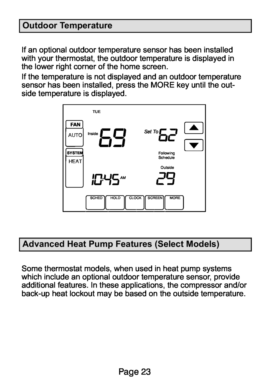 Lennox International Inc Ellite Series manual Outdoor Temperature, Advanced Heat Pump Features Select Models, Page 