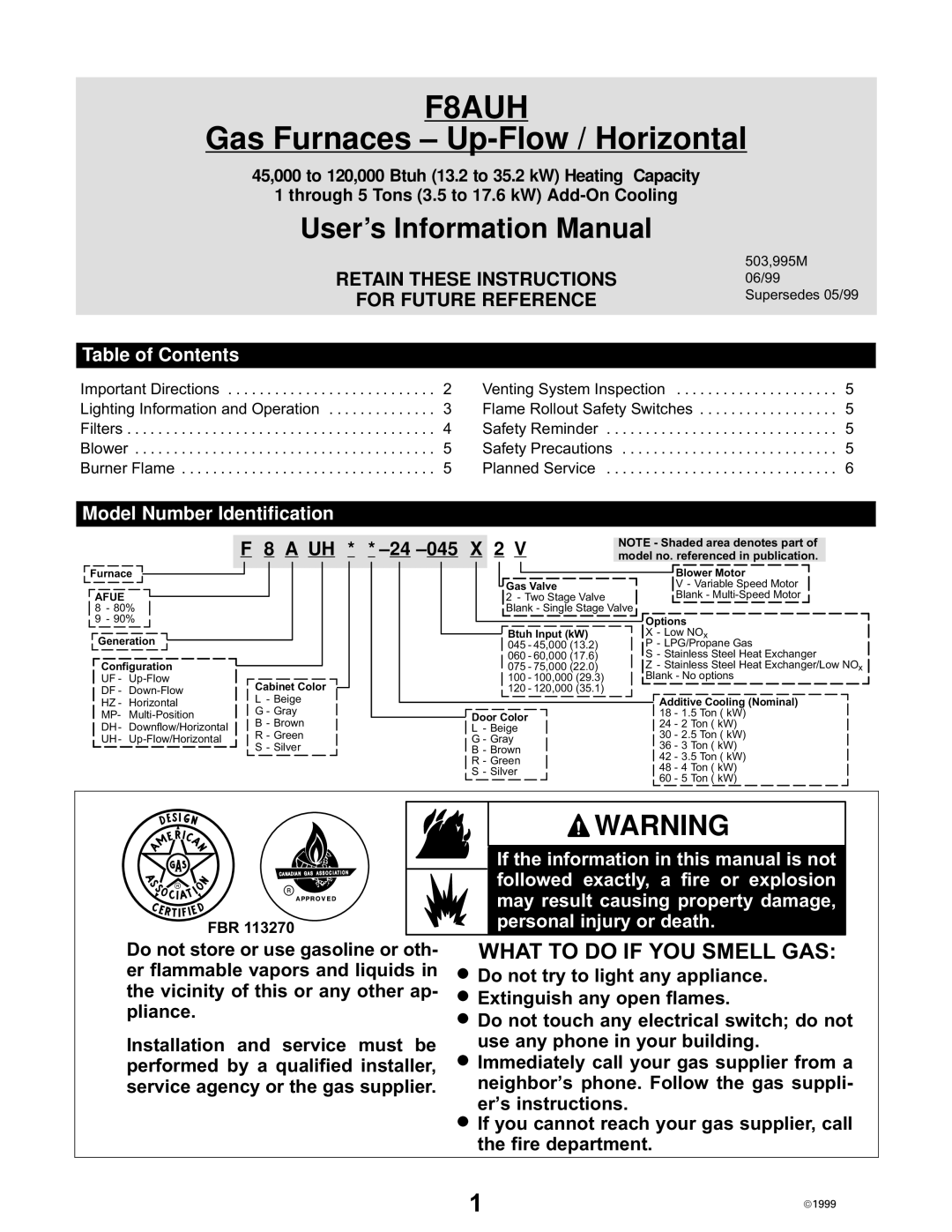 Lennox International Inc F8AUH manual Table of Contents, Model Number Identification 