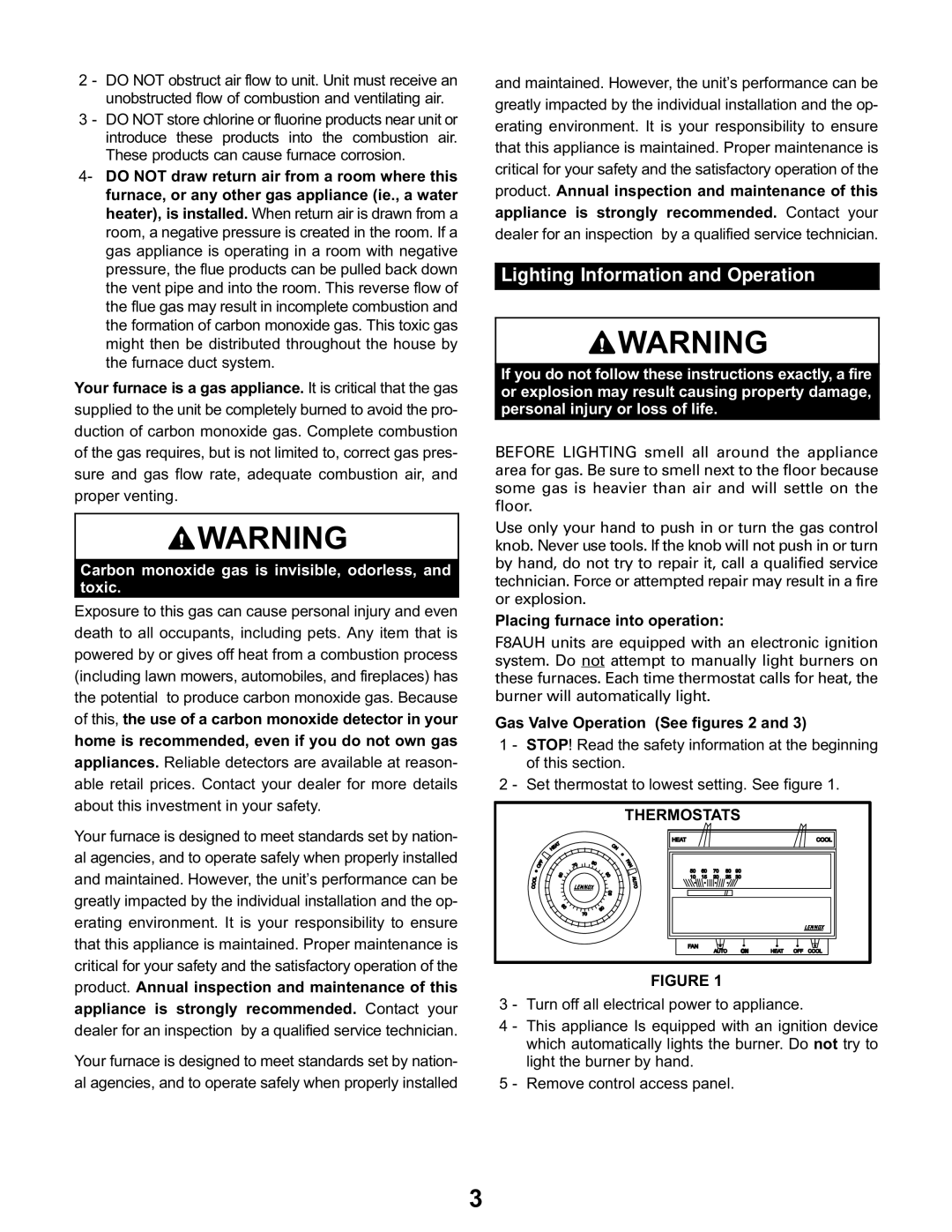 Lennox International Inc F8AUH manual Lighting Information and Operation, Thermostats 