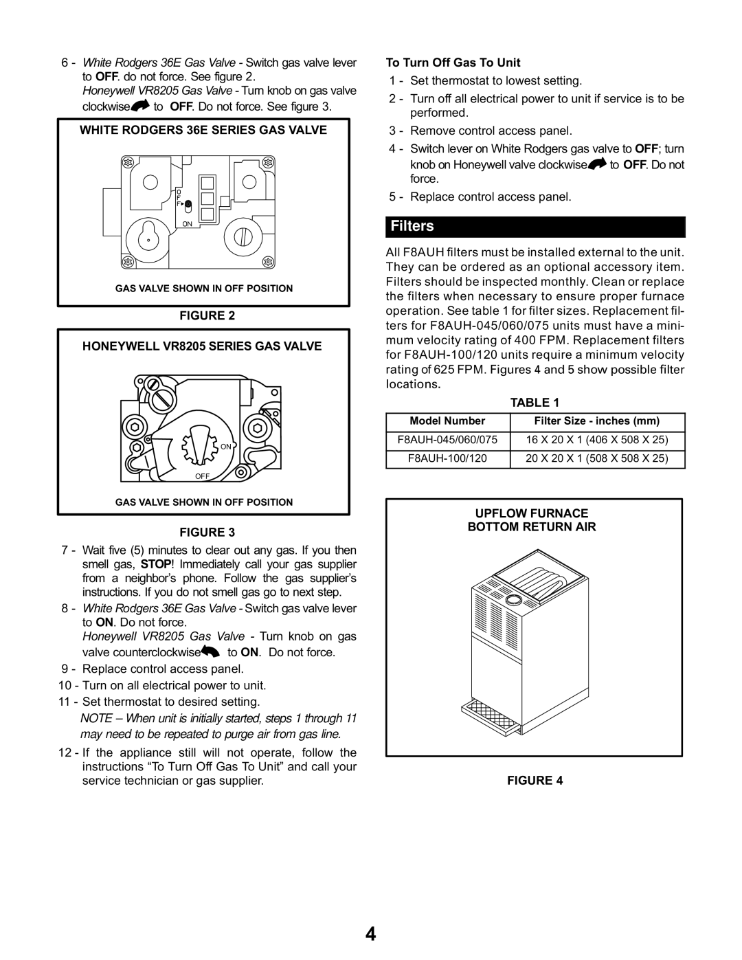 Lennox International Inc F8AUH manual Filters, White Rodgers 36E Series GAS Valve, Honeywell VR8205 Series GAS Valve 