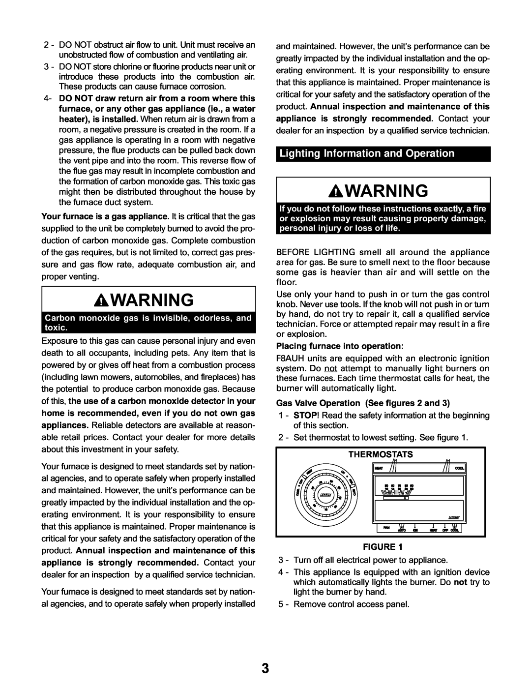 Lennox International Inc F8AUH manual Lighting Information and Operation 