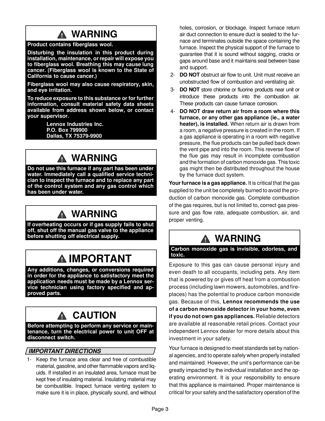 Lennox International Inc G20 manual Important Directions 