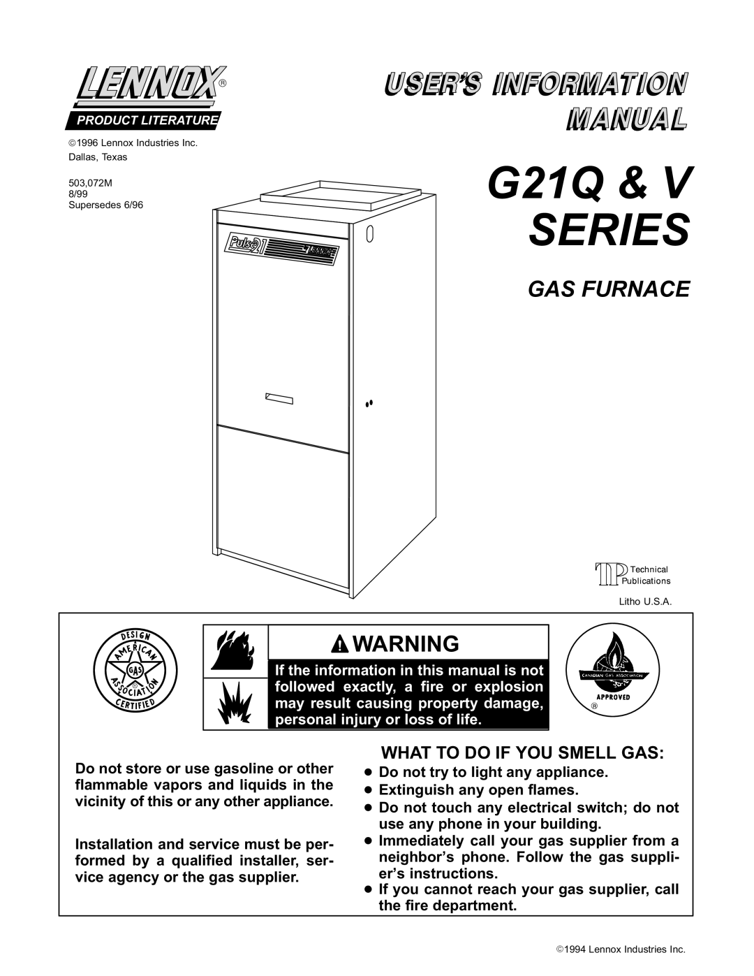 Lennox International Inc G21 V SERIES manual G21Q & V Series 