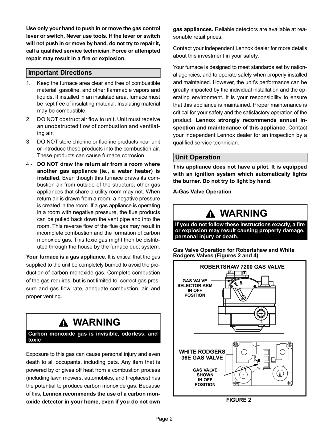 Lennox International Inc G21 V SERIES, G21Q manual Important Directions, Unit Operation, Robertshaw 7200 GAS Valve 