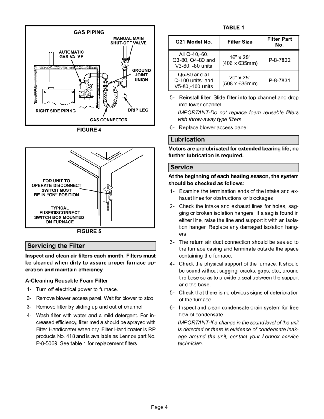 Lennox International Inc G21 V SERIES, G21Q manual Servicing the Filter, Lubrication, Service, GAS Piping 