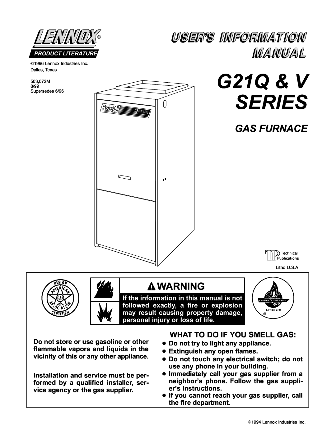 Lennox International Inc G21 V SERIES manual G21Q & V SERIES, Gas Furnace, What To Do If You Smell Gas 