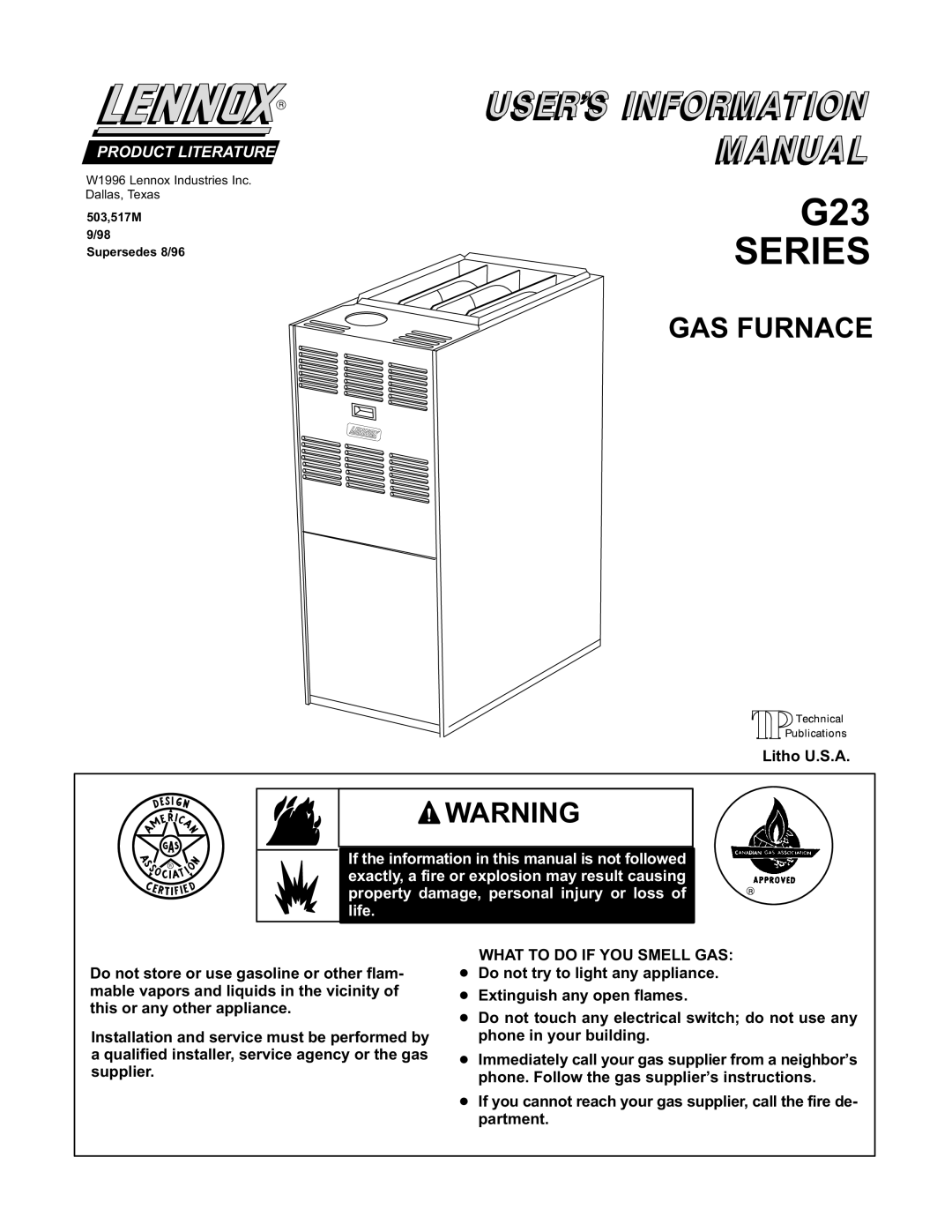 Lennox International Inc G23 manual Series, What to do if YOU Smell GAS 