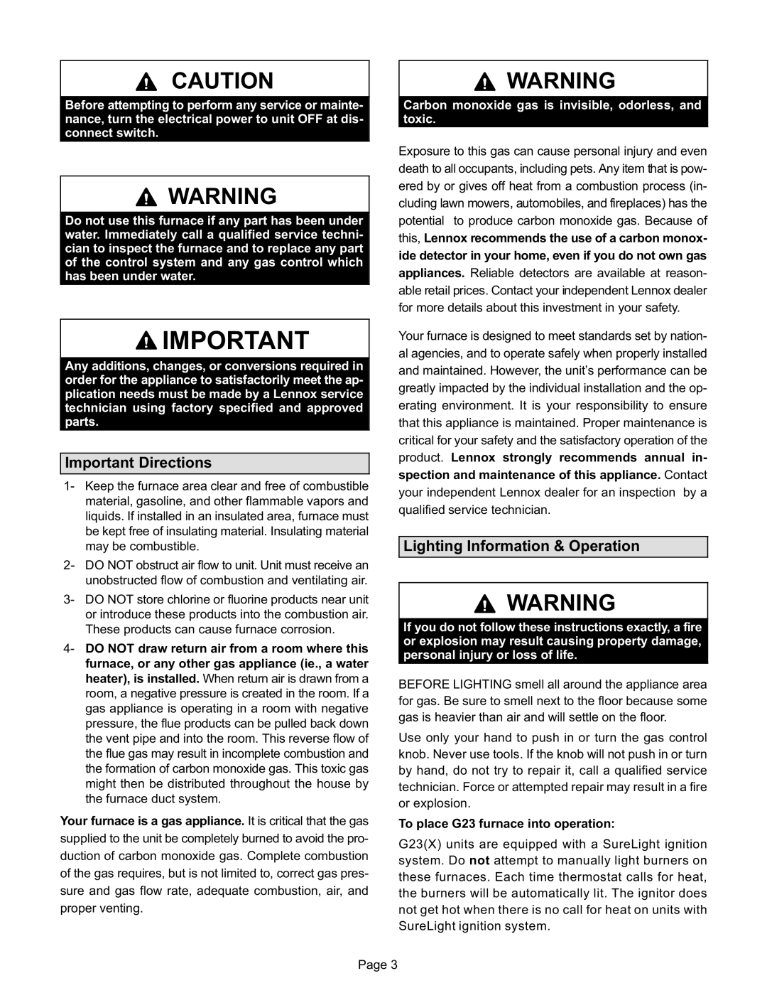 Lennox International Inc G23 manual Important Directions, Lighting Information & Operation 